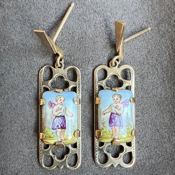 Antique Painted Porcelain Drop Earrings