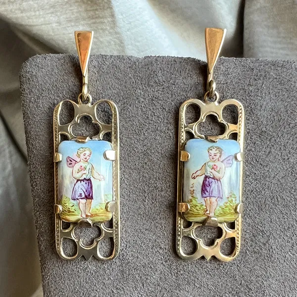 Antique Painted Porcelain Drop Earrings