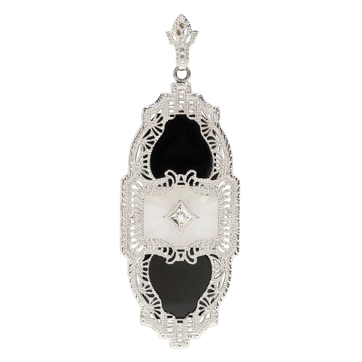 Art Deco 10K Diamond   Onyx Filigree Pendent