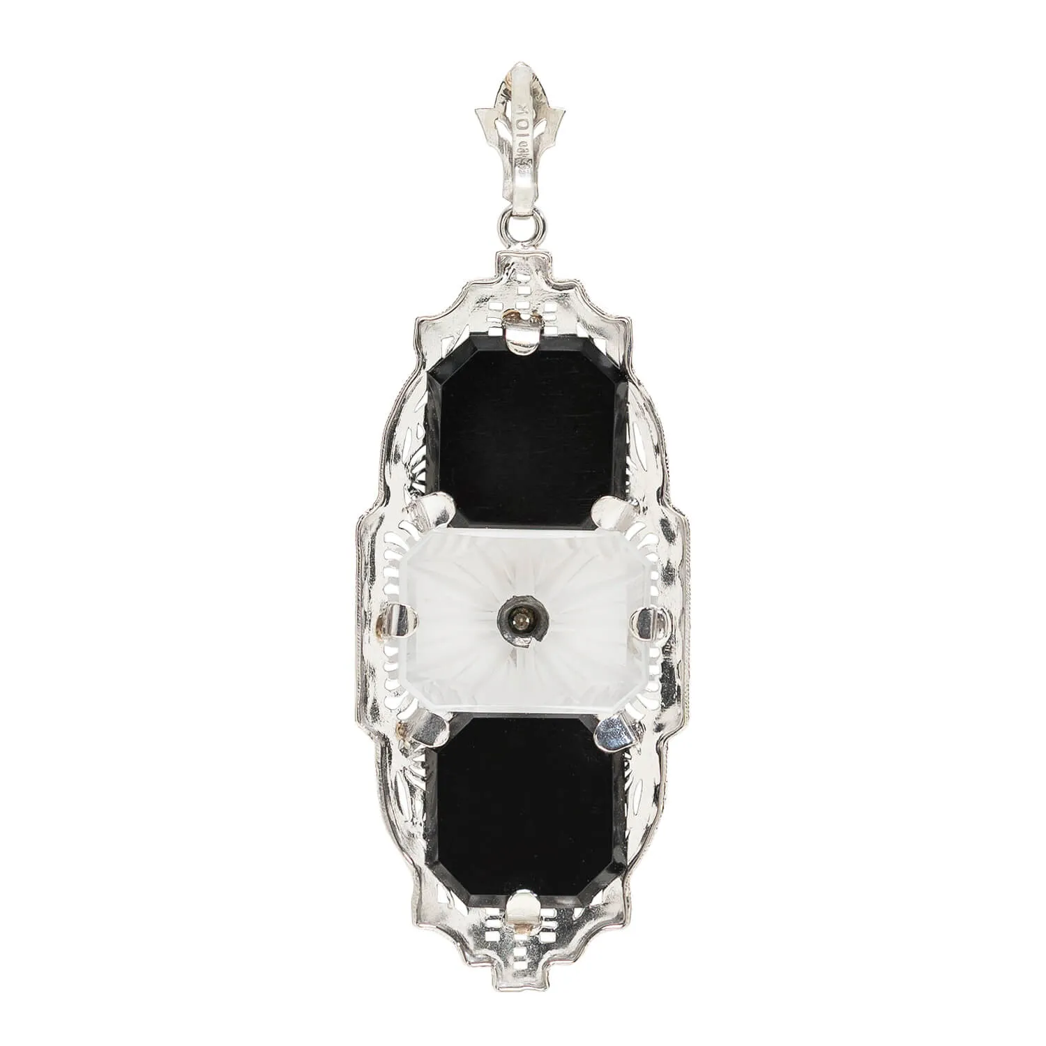 Art Deco 10K Diamond   Onyx Filigree Pendent