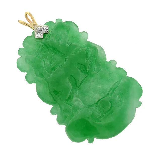 Art Deco 14kt & Diamond Carved Jadeite Pendant