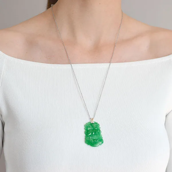 Art Deco 14kt & Diamond Carved Jadeite Pendant