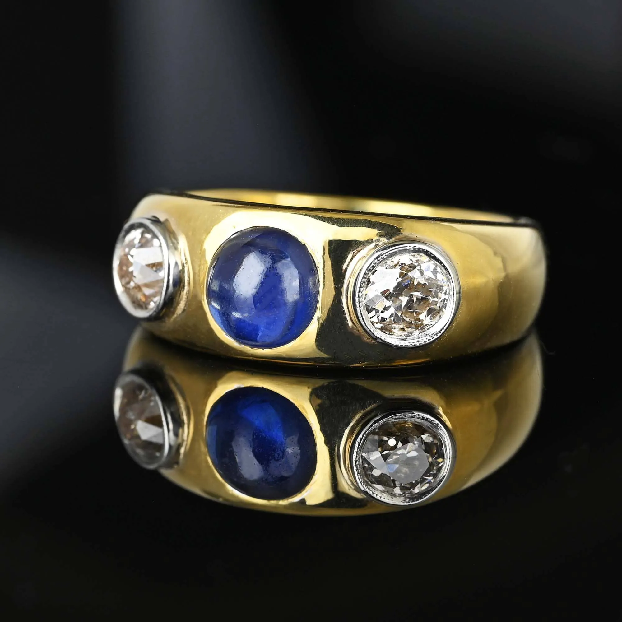 Art Deco 18K Gold Mine Cut Diamond Cabochon Sapphire Ring Band