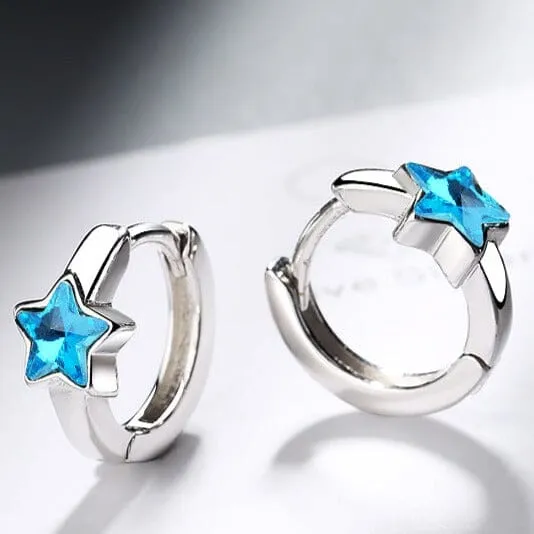 Baby Princess Blue Crystal Star Hoop Earrings - 925 Sterling Silver