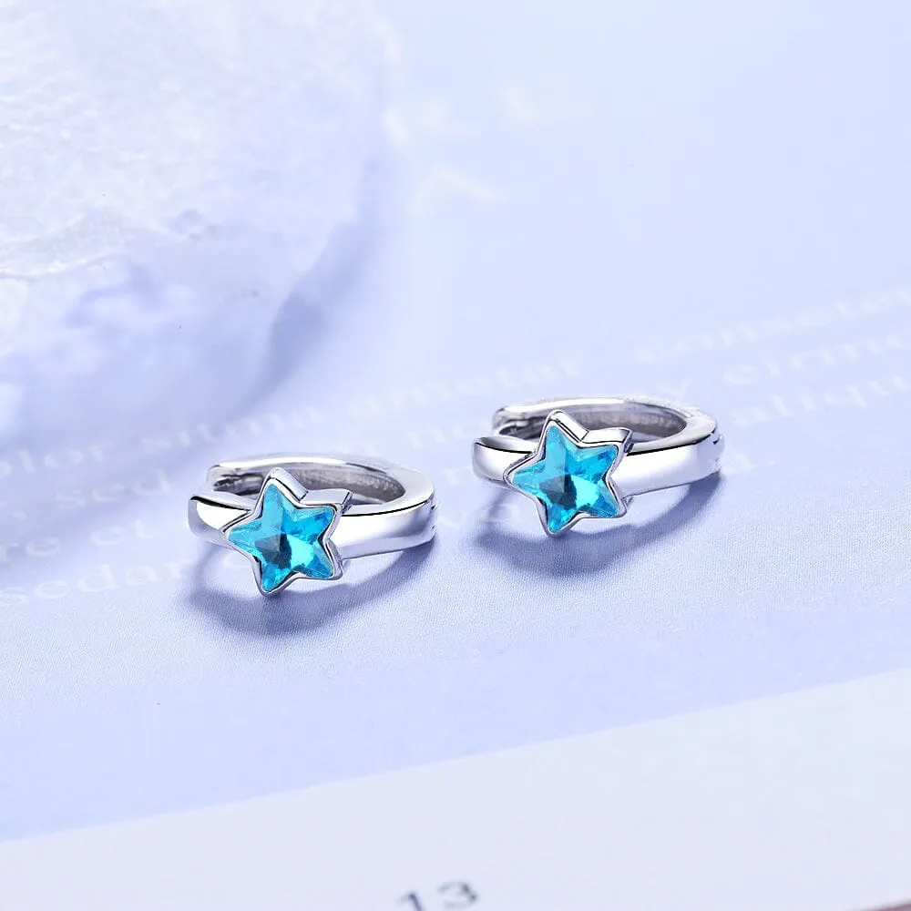 Baby Princess Blue Crystal Star Hoop Earrings - 925 Sterling Silver