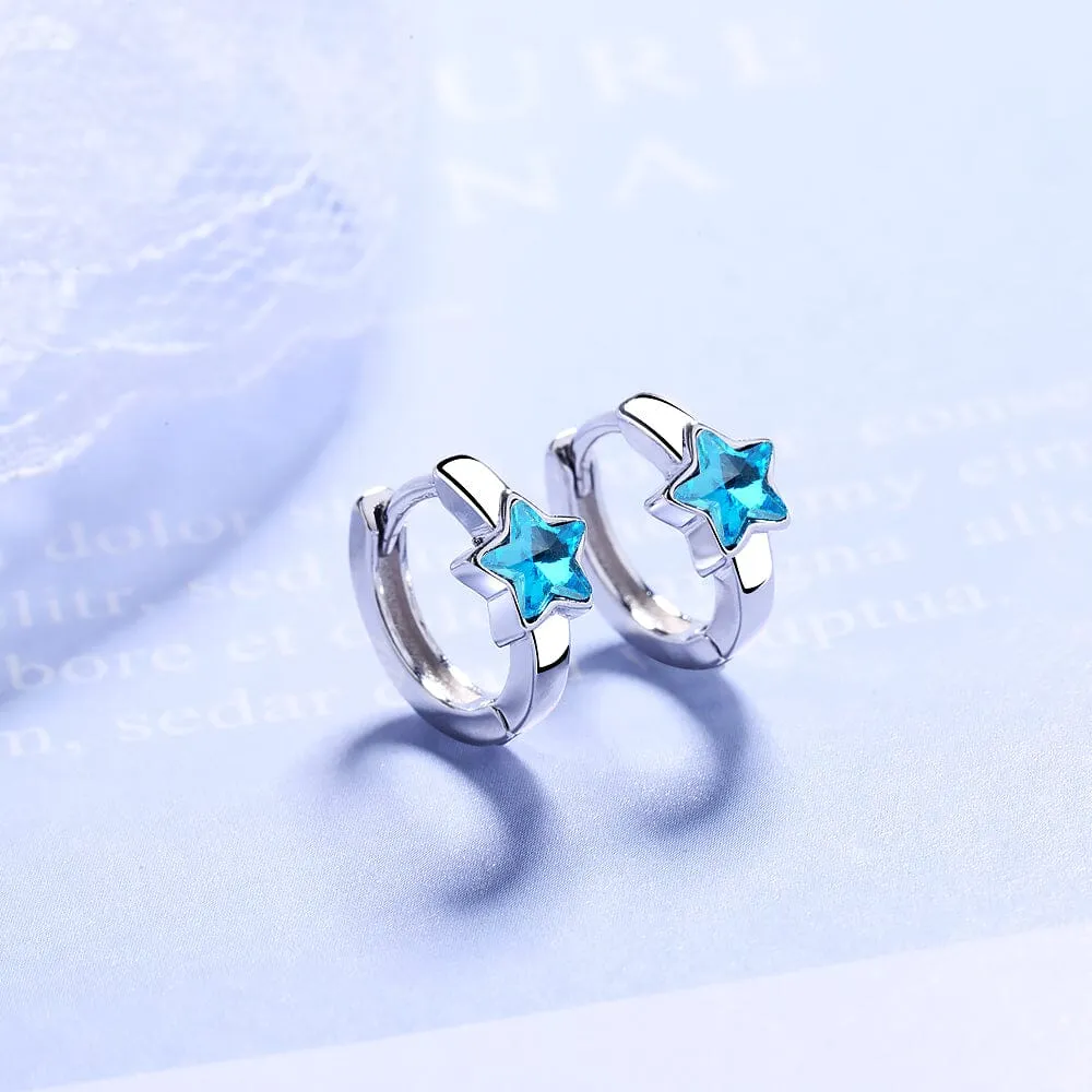 Baby Princess Blue Crystal Star Hoop Earrings - 925 Sterling Silver