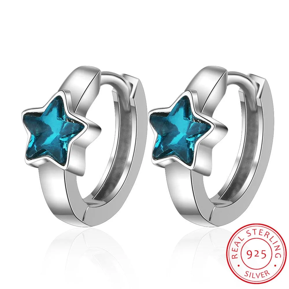 Baby Princess Blue Crystal Star Hoop Earrings - 925 Sterling Silver