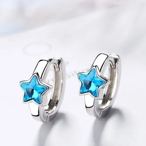 Baby Princess Blue Crystal Star Hoop Earrings - 925 Sterling Silver