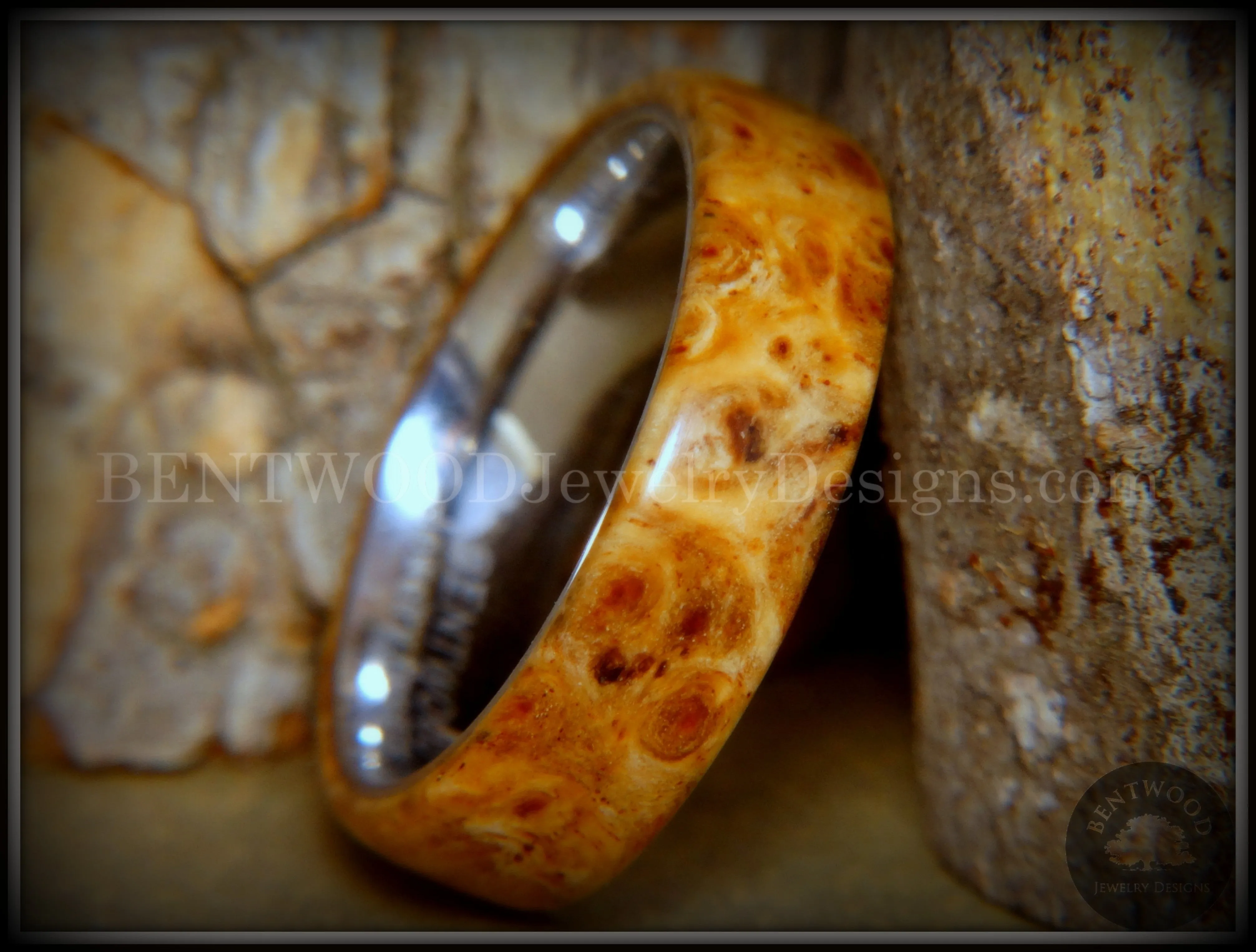 Bentwood Ring - Rarity Golden Light Amboyna Burl Wood Ring with Titanium Steel Comfort Fit Metal Core