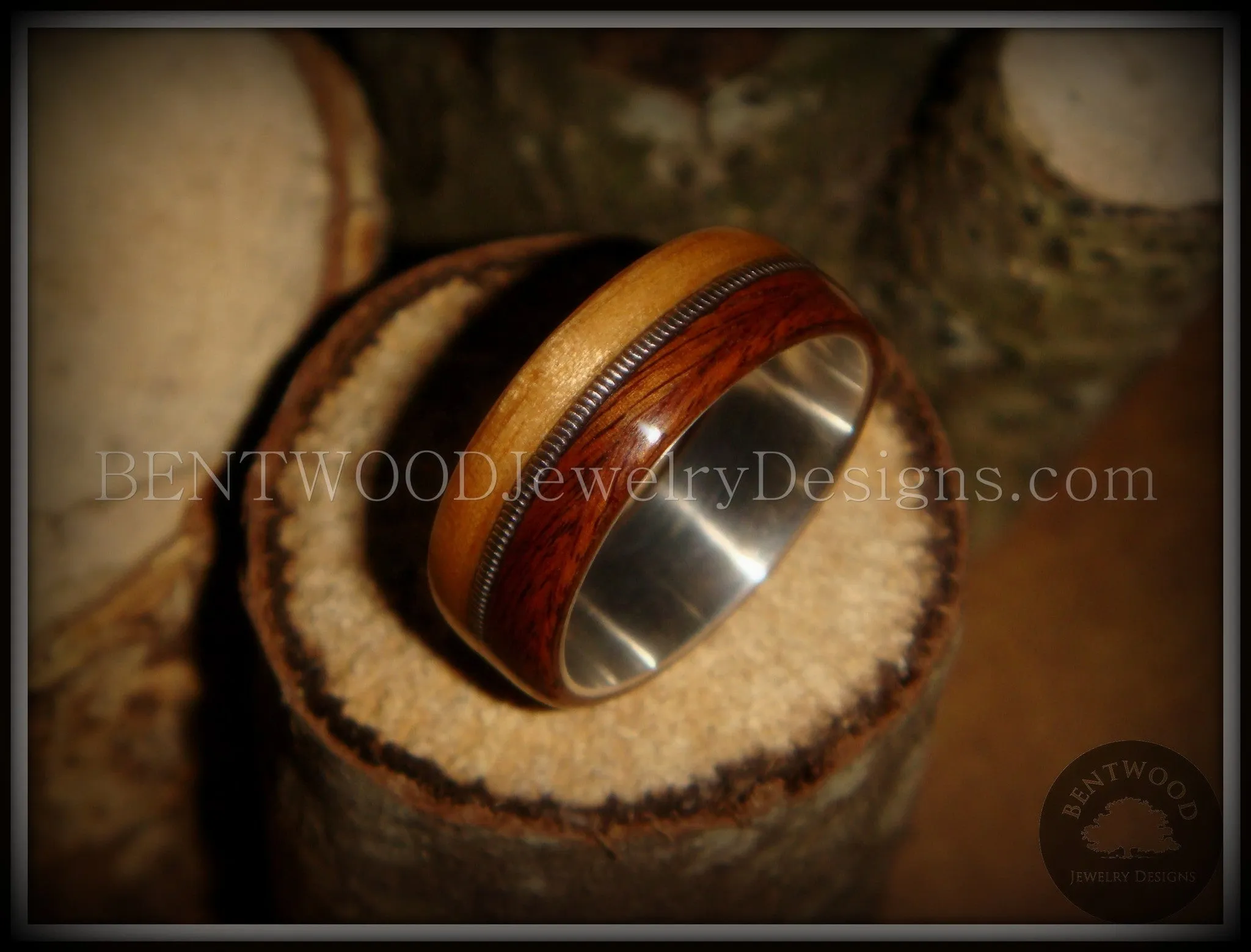 Bentwood Ring - Rosewood & Bamboo Wood Ring with Fine Silver Core and Thick Silver Guitar String Inlay