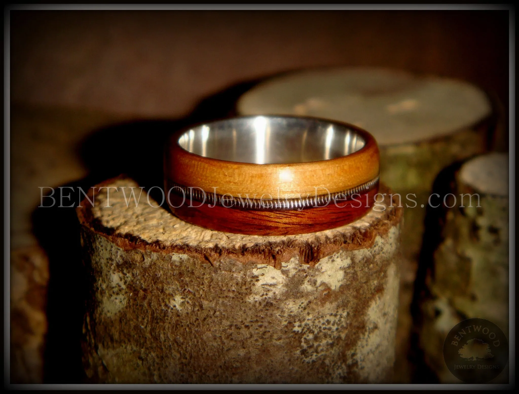 Bentwood Ring - Rosewood & Bamboo Wood Ring with Fine Silver Core and Thick Silver Guitar String Inlay