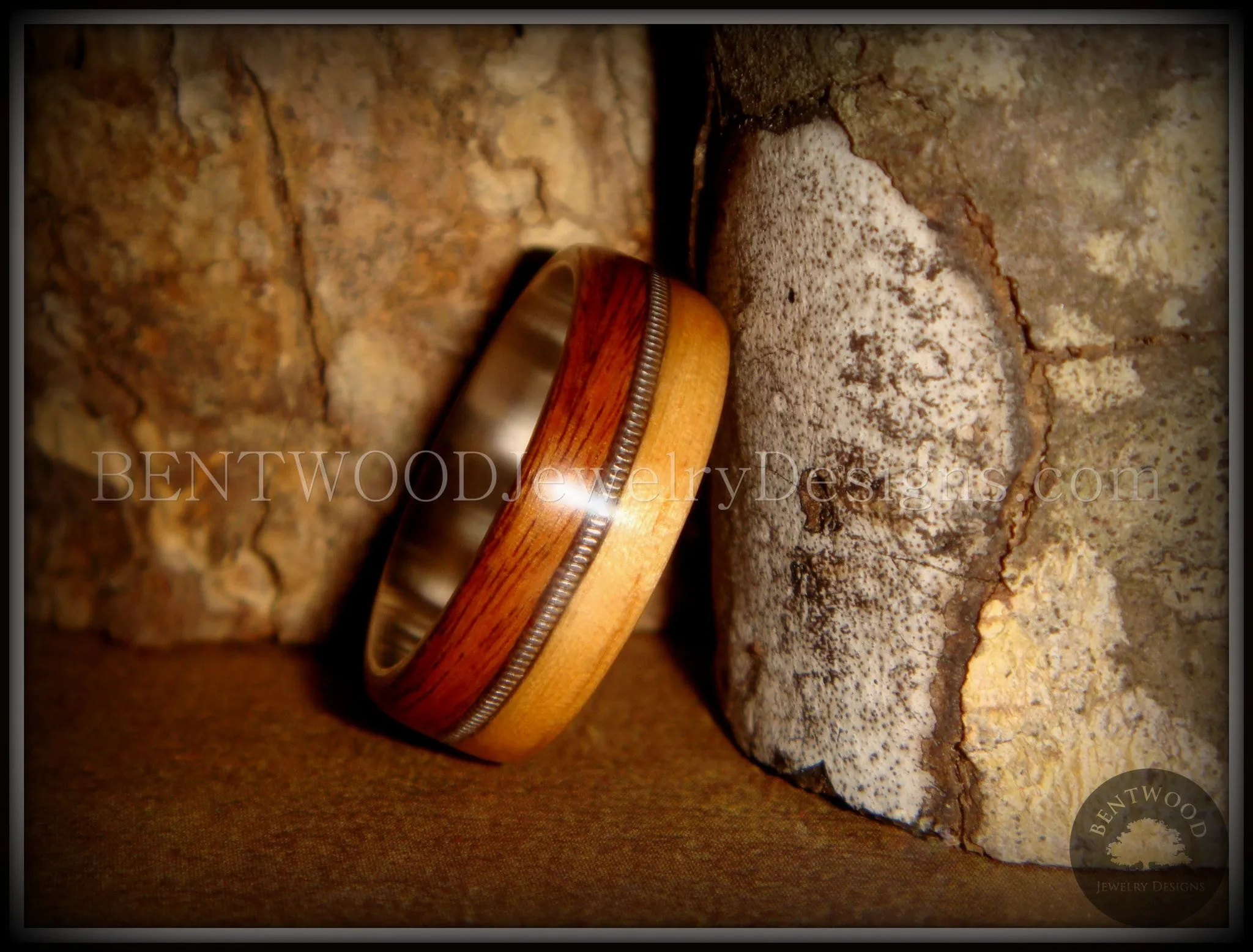 Bentwood Ring - Rosewood & Bamboo Wood Ring with Fine Silver Core and Thick Silver Guitar String Inlay