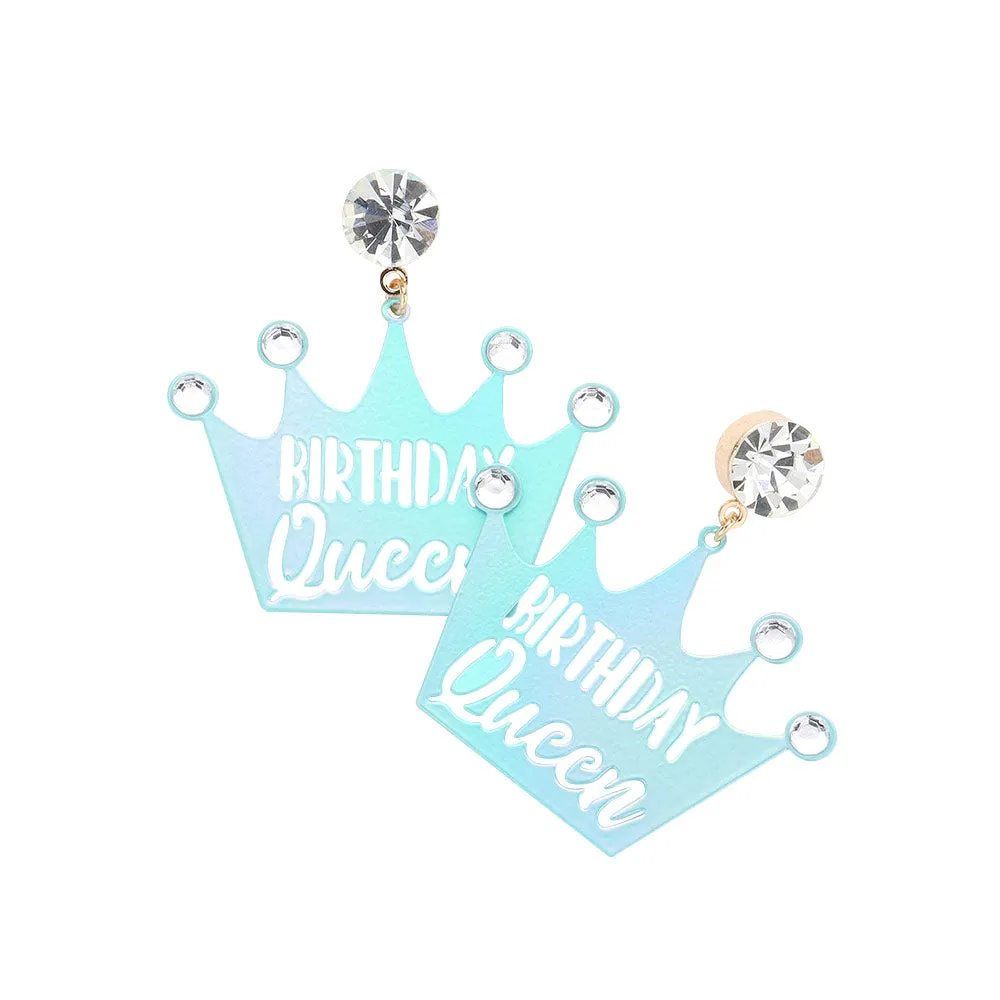 Birthday Queen Message Stone Metal Crown Earrings