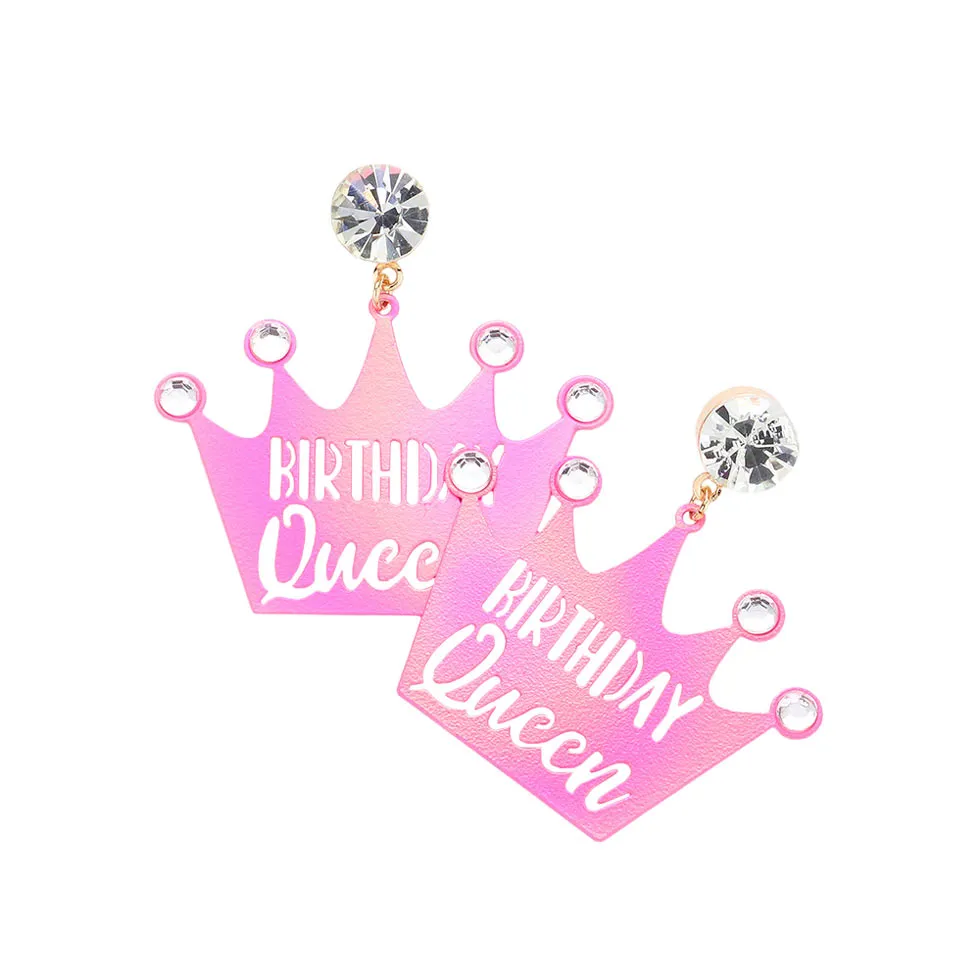 Birthday Queen Message Stone Metal Crown Earrings