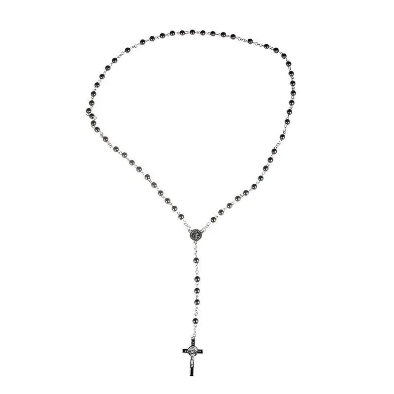 Black Cross Hematite Round Beaded Chain Rosary