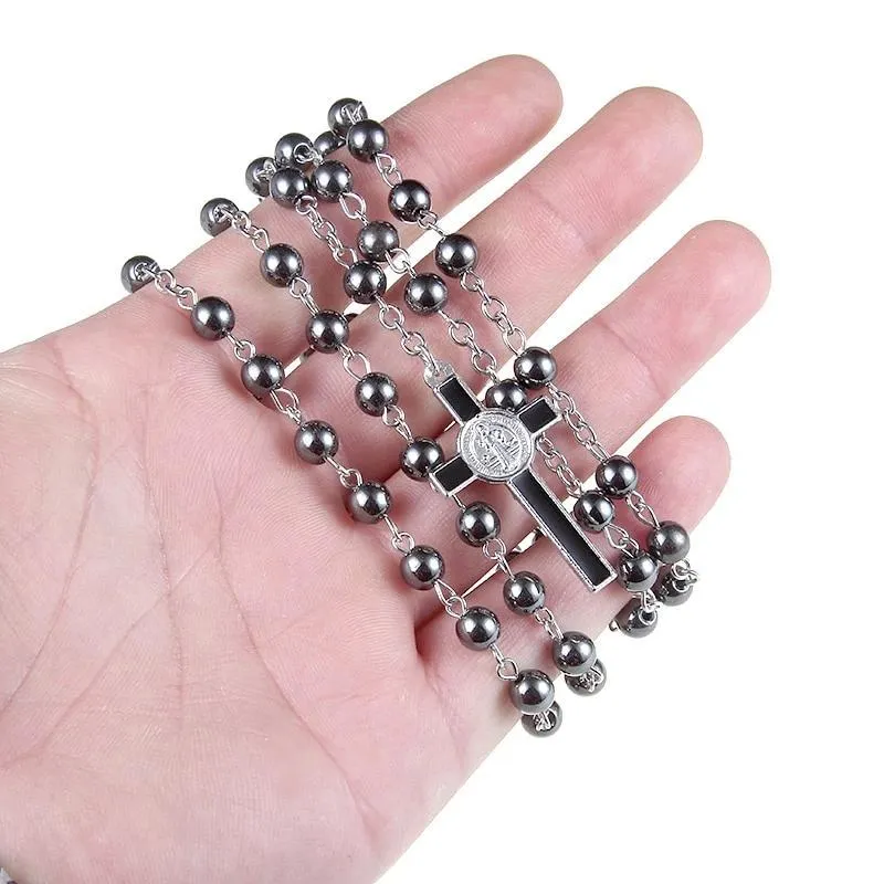 Black Cross Hematite Round Beaded Chain Rosary