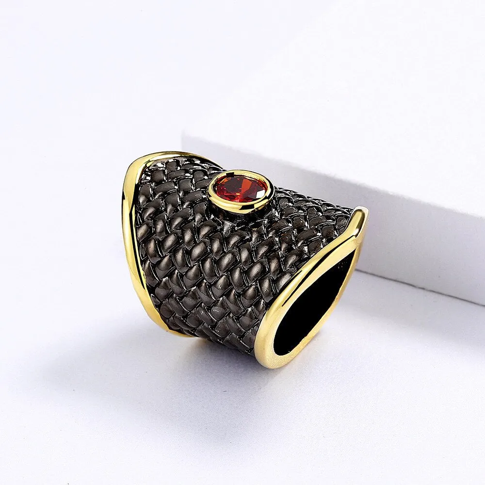 Black Gold Geometric Created Red Garnet Statement Ring