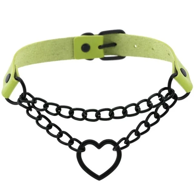 Black Heart Chain Link Collar Choker Leather Gothic Punk Harajuku Necklace