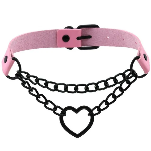 Black Heart Chain Link Collar Choker Leather Gothic Punk Harajuku Necklace