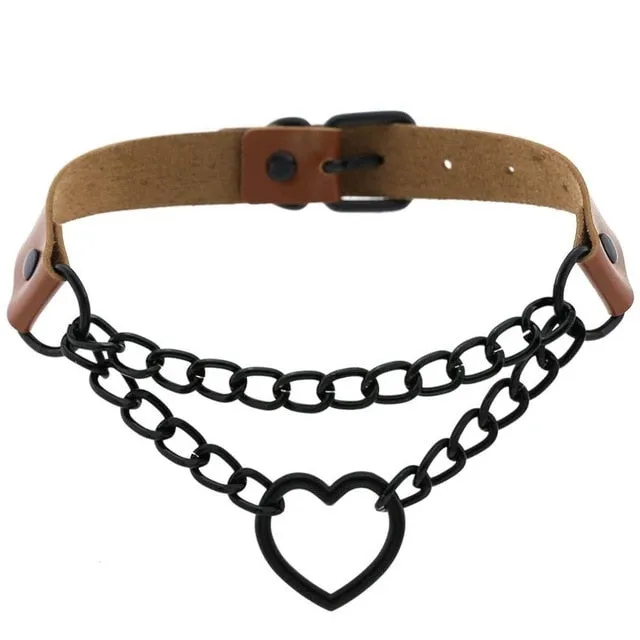 Black Heart Chain Link Collar Choker Leather Gothic Punk Harajuku Necklace