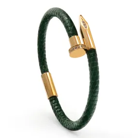 Bracelet - Green Leather with Golden Nail and Zircon Diamond