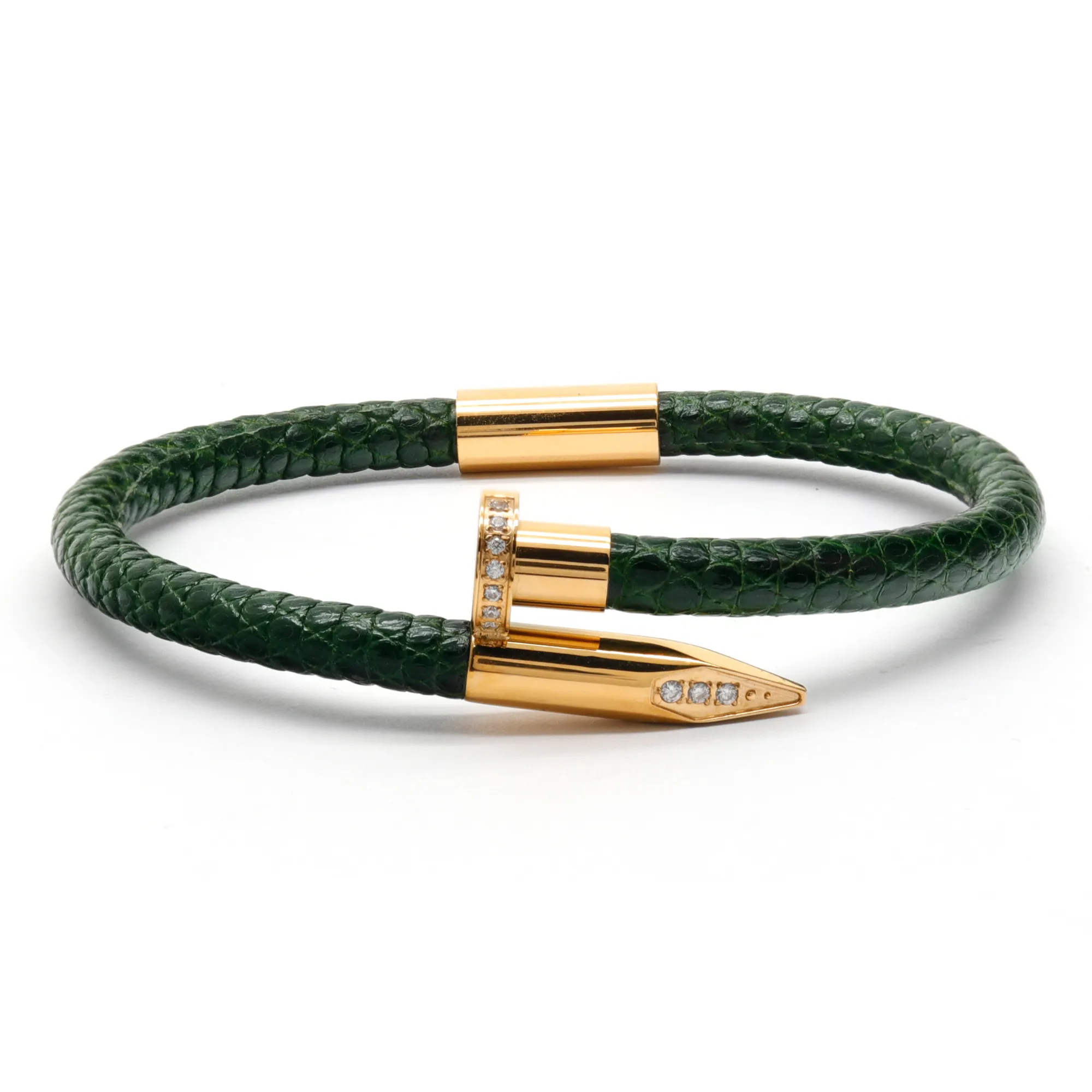 Bracelet - Green Leather with Golden Nail and Zircon Diamond