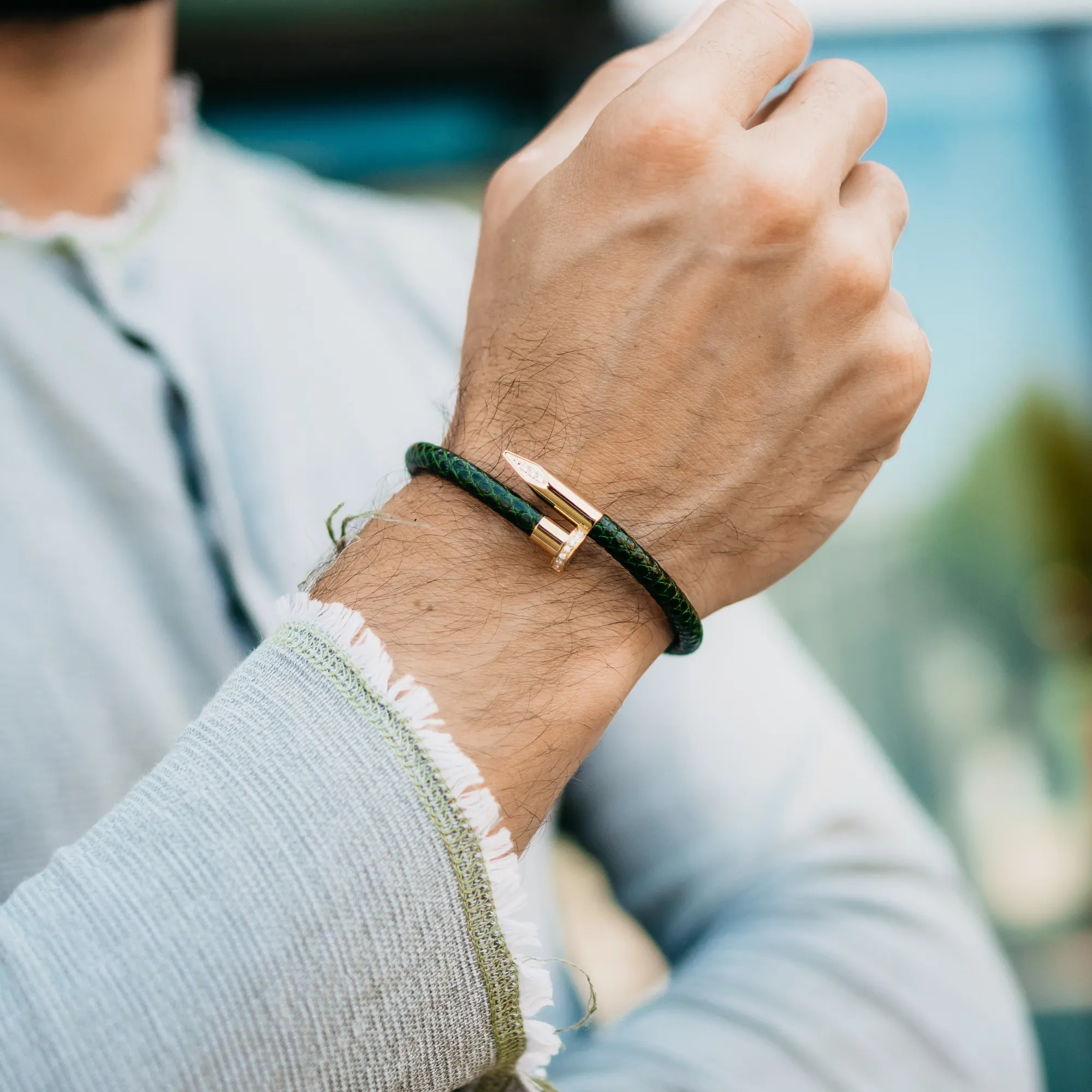 Bracelet - Green Leather with Golden Nail and Zircon Diamond