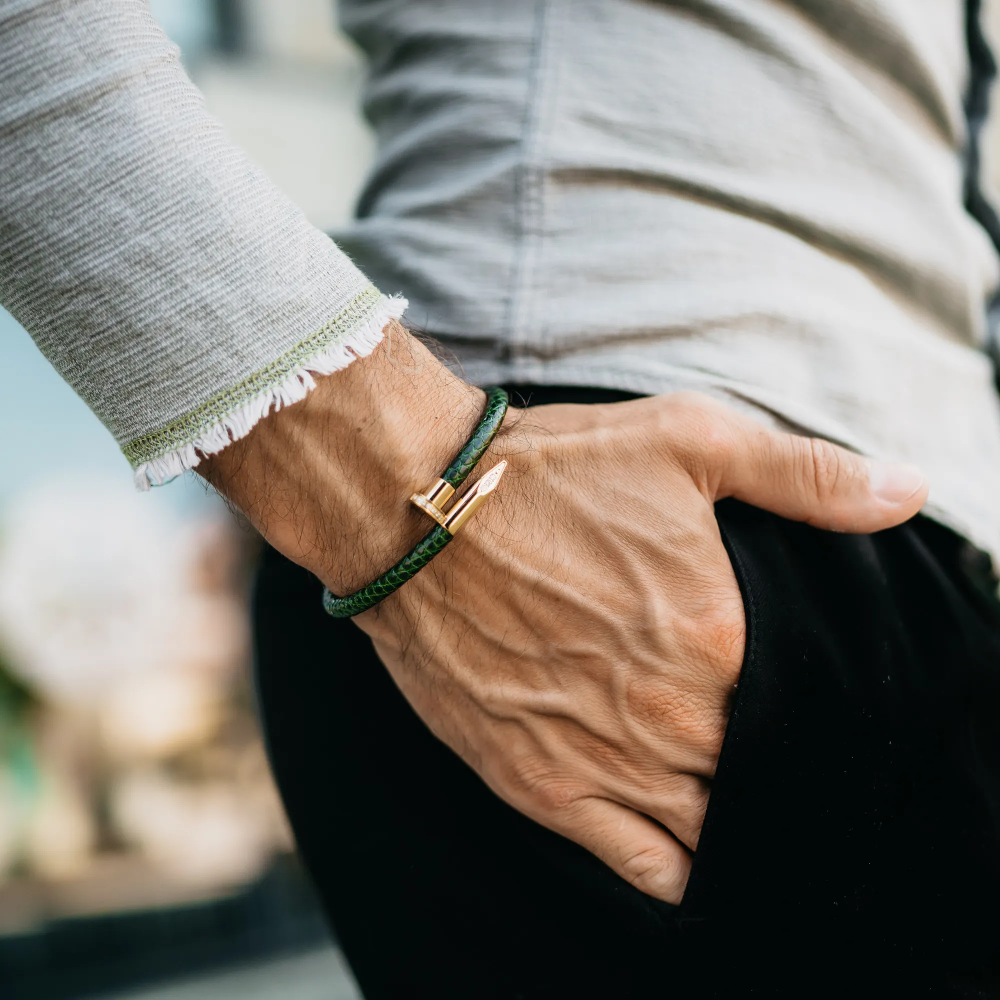 Bracelet - Green Leather with Golden Nail and Zircon Diamond