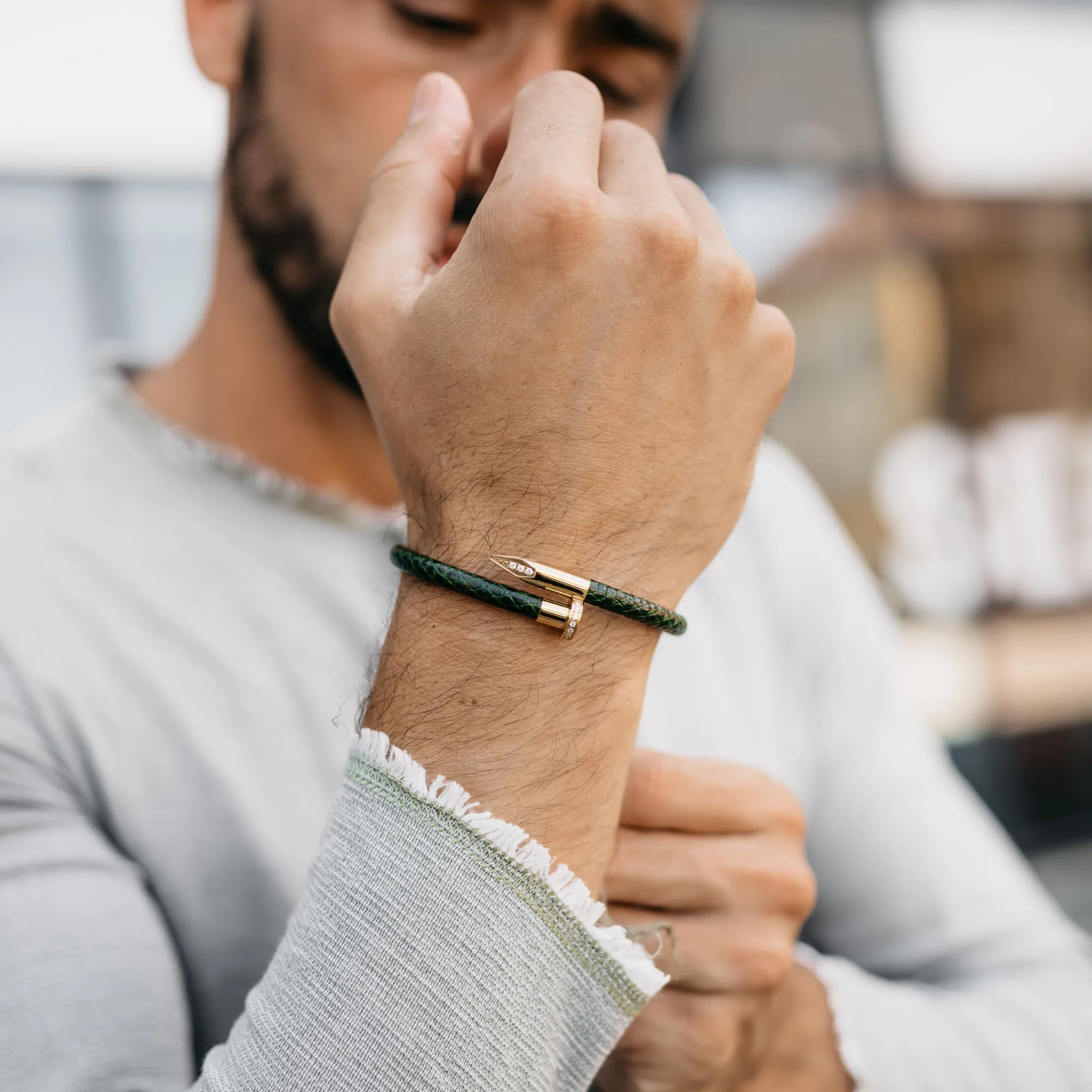 Bracelet - Green Leather with Golden Nail and Zircon Diamond