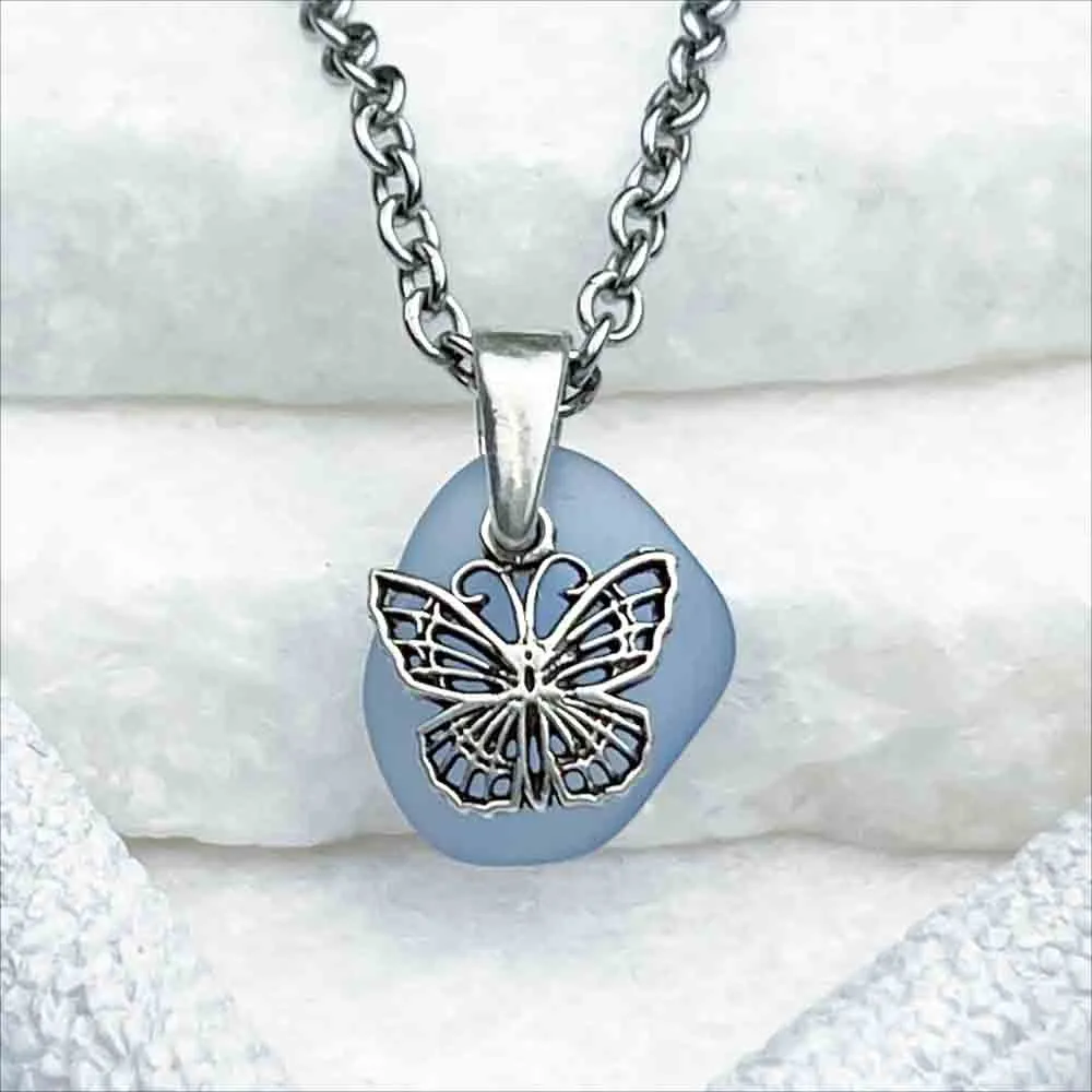 Charming Cornflower Blue Sea Glass Pendant with Sterling Silver Butterfly | 5237