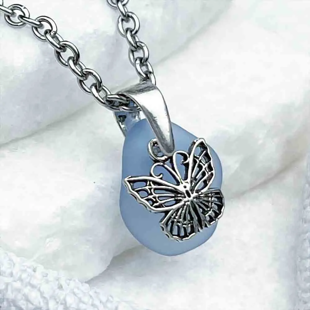 Charming Cornflower Blue Sea Glass Pendant with Sterling Silver Butterfly | 5237