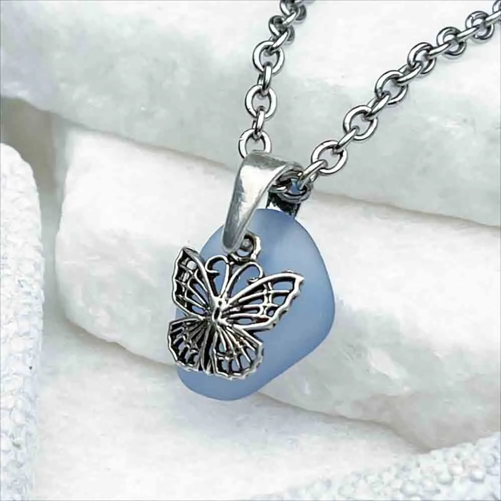 Charming Cornflower Blue Sea Glass Pendant with Sterling Silver Butterfly | 5237