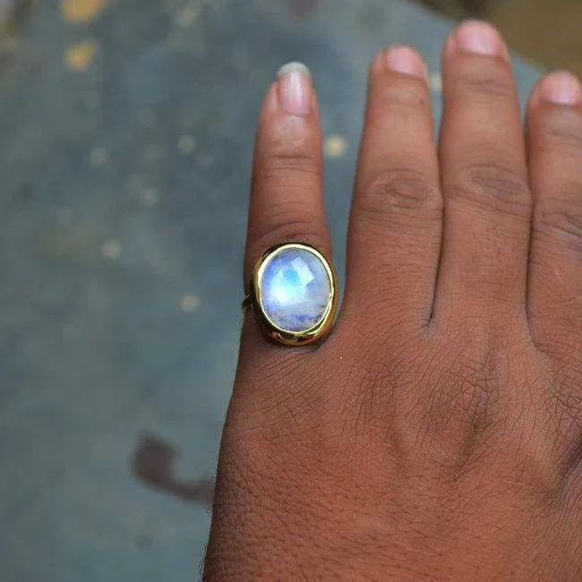 Checker Cut Rainbow Moonstone gold ring, 14k yellow gold ring, Nickel Free