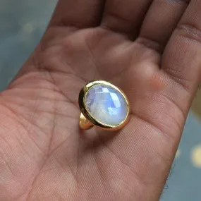 Checker Cut Rainbow Moonstone gold ring, 14k yellow gold ring, Nickel Free