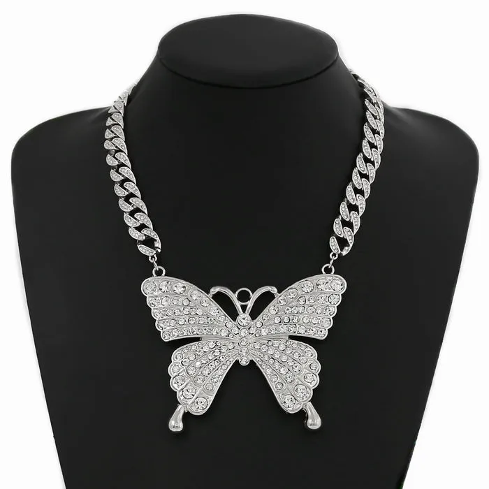 Chunky Butterfly Pendant Glass Stone Pave Curb Chain Necklace