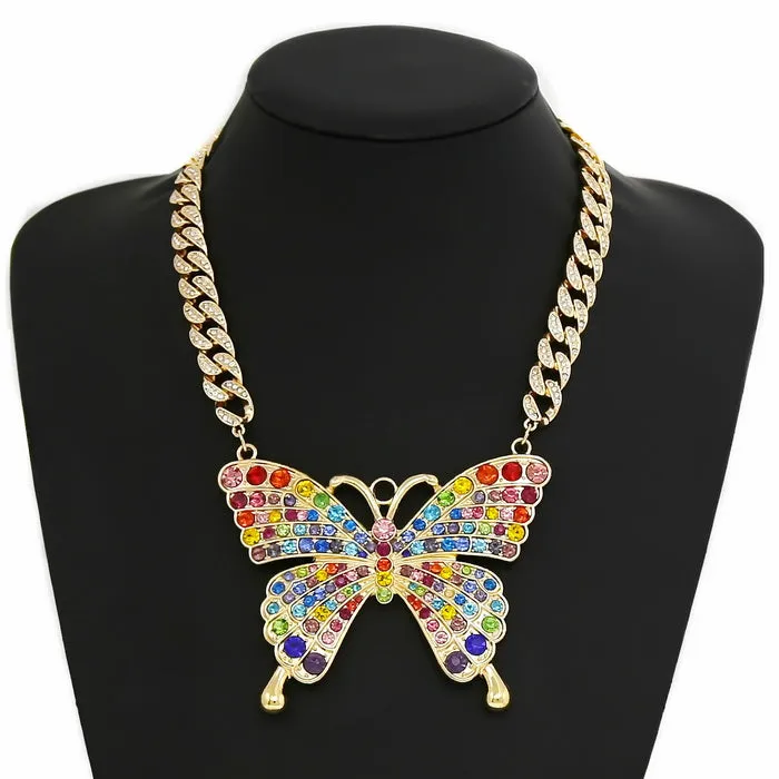 Chunky Butterfly Pendant Glass Stone Pave Curb Chain Necklace