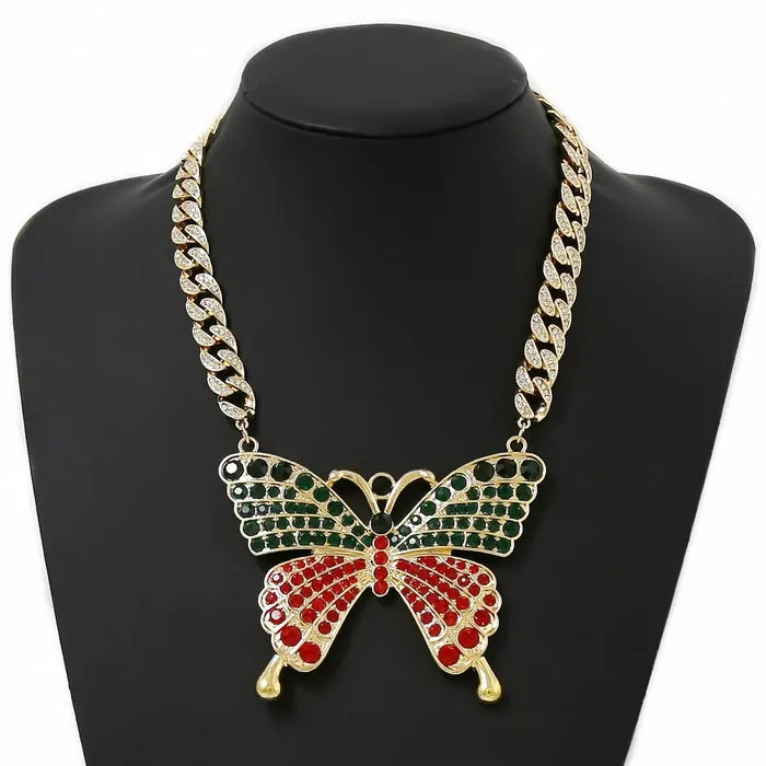 Chunky Butterfly Pendant Glass Stone Pave Curb Chain Necklace