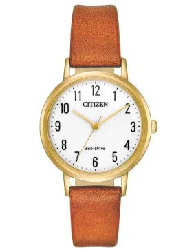 Citizen Womens Eco-Drive Chandler - White Dial - Brown Leather Strap - Gold-Tone