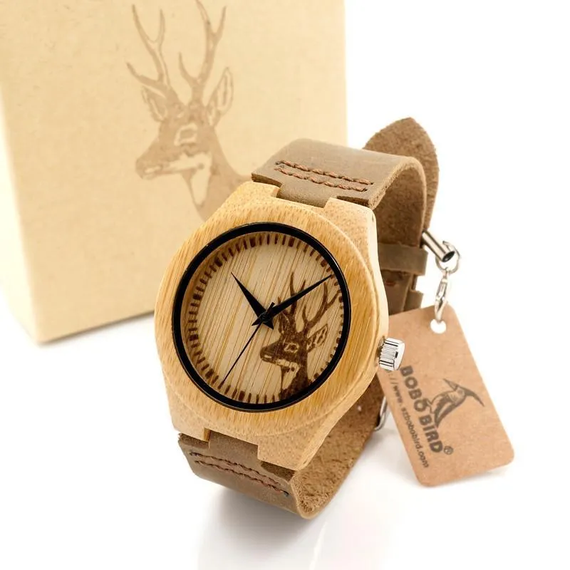 Clean Design Deer Bamboo Wooden Watch with Leather Strap Band