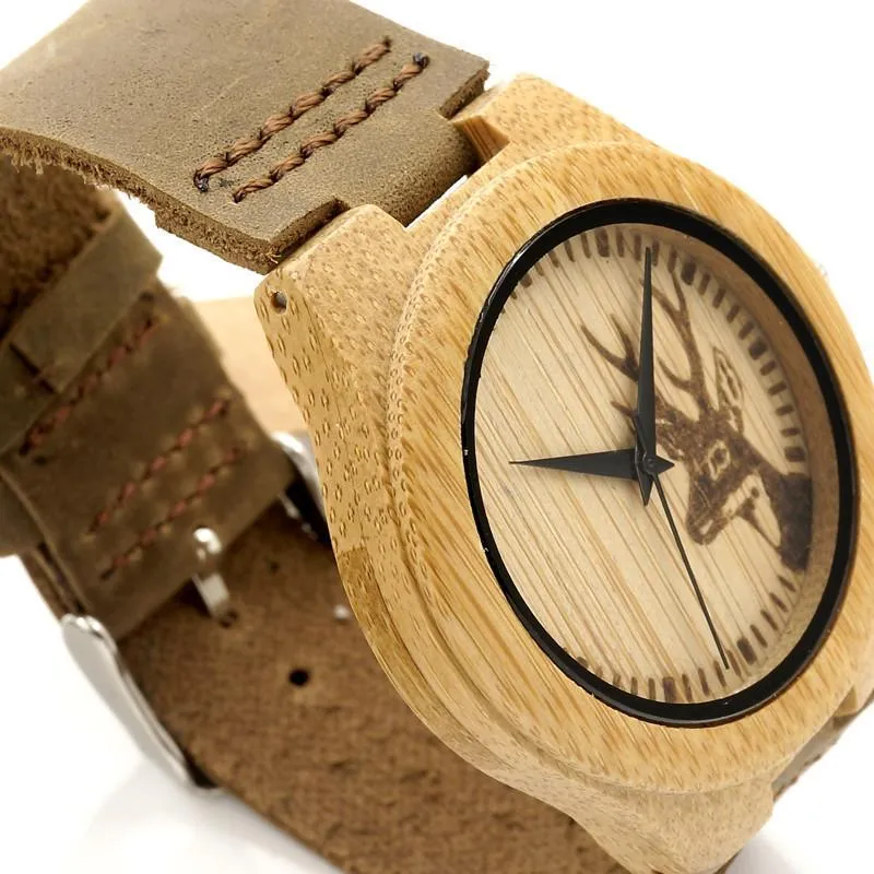 Clean Design Deer Bamboo Wooden Watch with Leather Strap Band