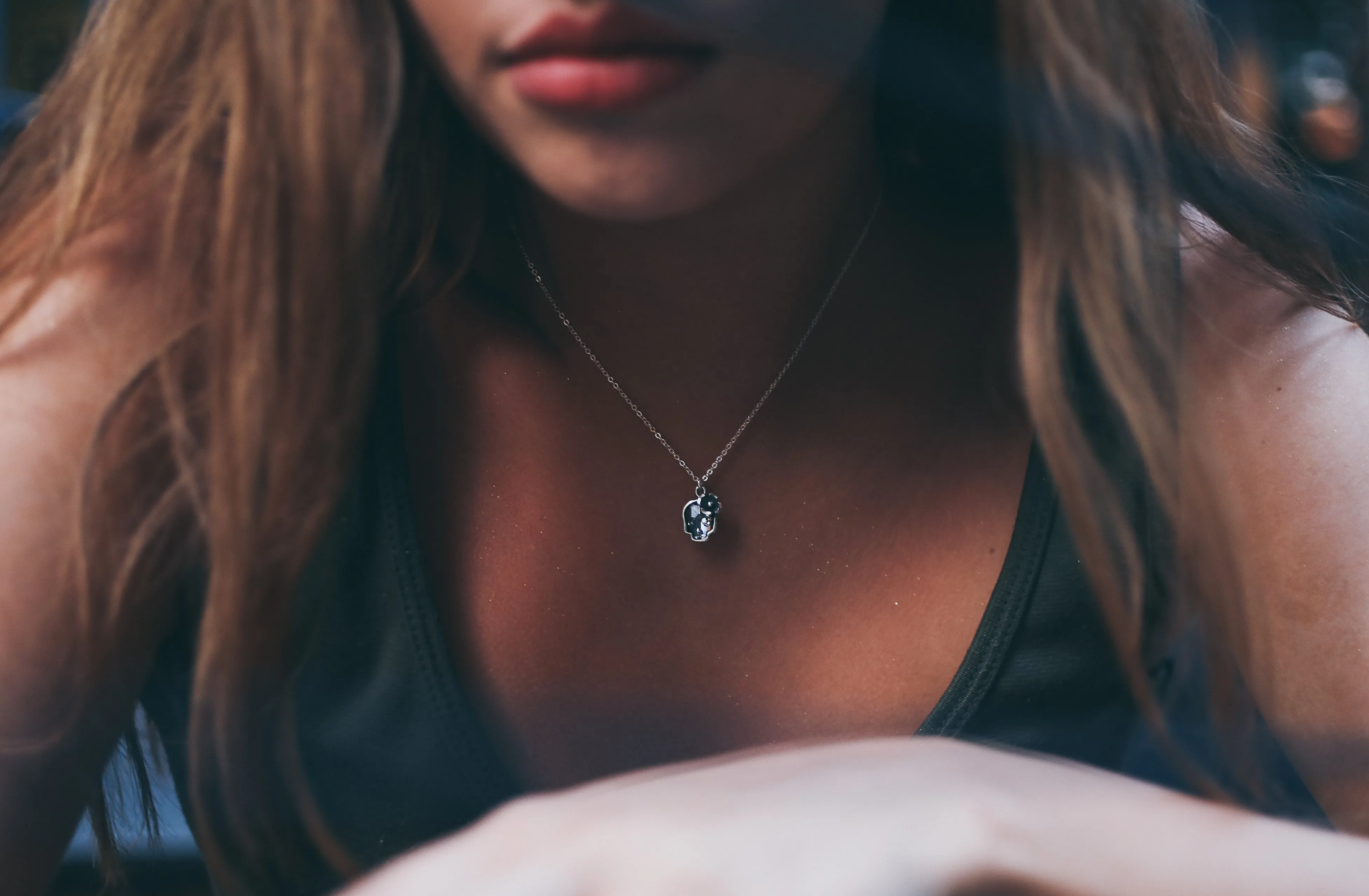 Clear Black Flower Skull Necklace