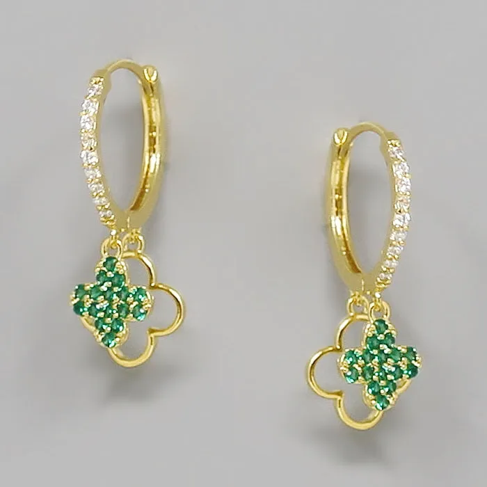 Clover Charm CZ Pave Huggie Hoop Earrings