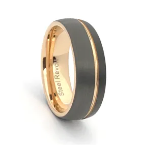 Comfort Fit 8mm Brushed Finish Tungsten Carbide Wedding Band with Rose Gold Color PVD Plated Line and Interior