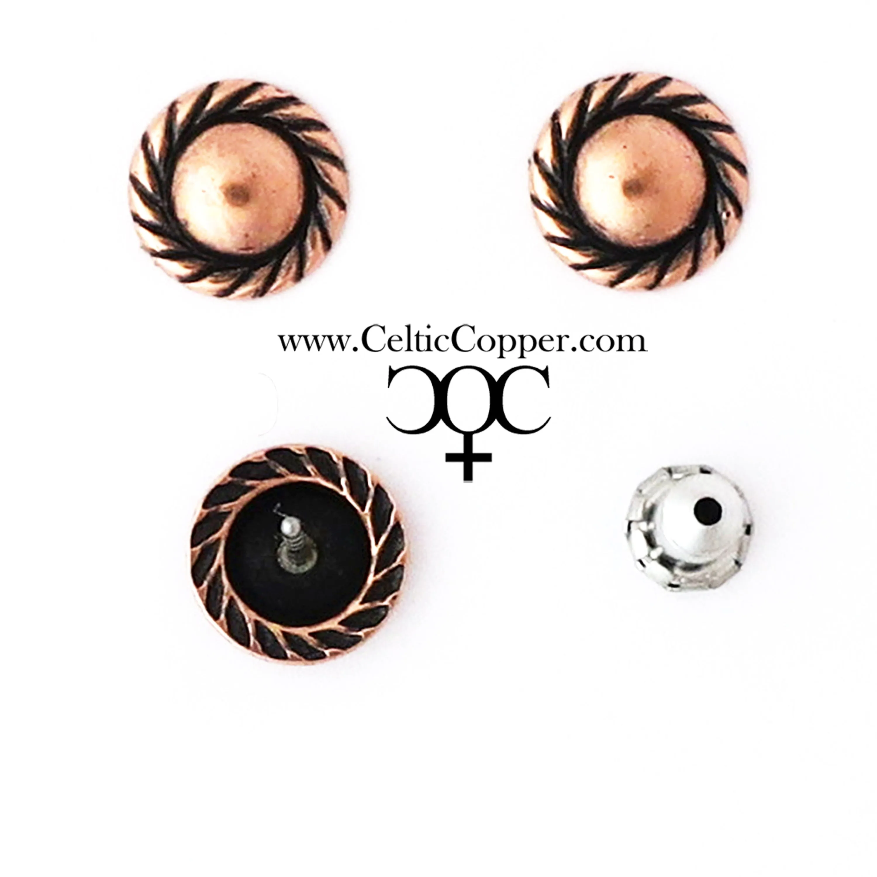 Copper Stud Earrings 2 Pair Set Round Copper Ball Studs Rope Edge Stud Earrings