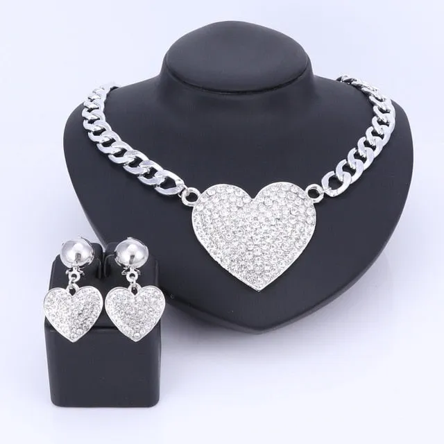 Crystal and Rhinestone Heart Necklace, Bracelet, Earrings & Ring Wedding Statement Jewelry Set