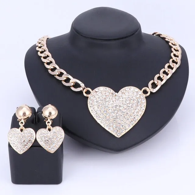 Crystal and Rhinestone Heart Necklace, Bracelet, Earrings & Ring Wedding Statement Jewelry Set