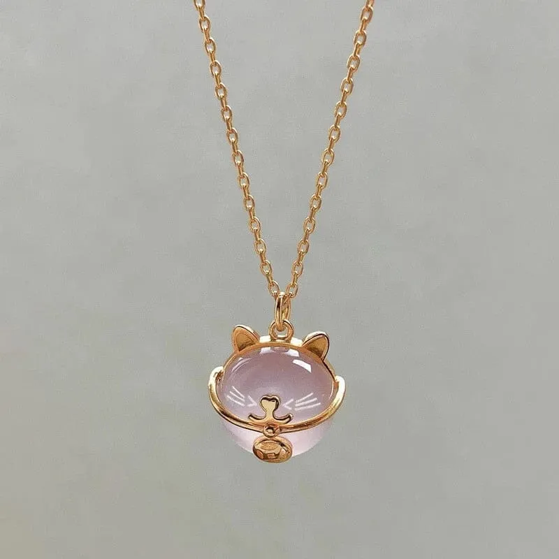 Cute Pink Lucky Cat Pendant Necklace - 925 Sterling Silver