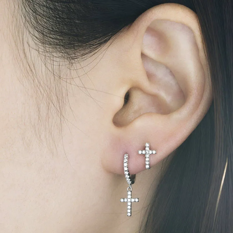 C.Z Paved Cross Sterling Silver Stud Earrings