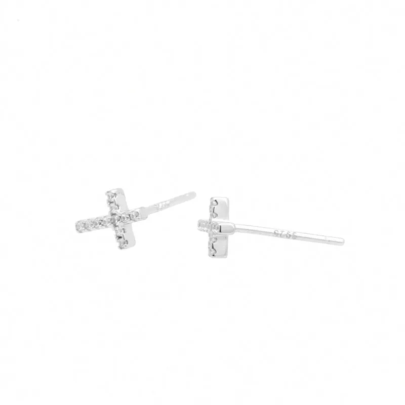 C.Z Paved Cross Sterling Silver Stud Earrings