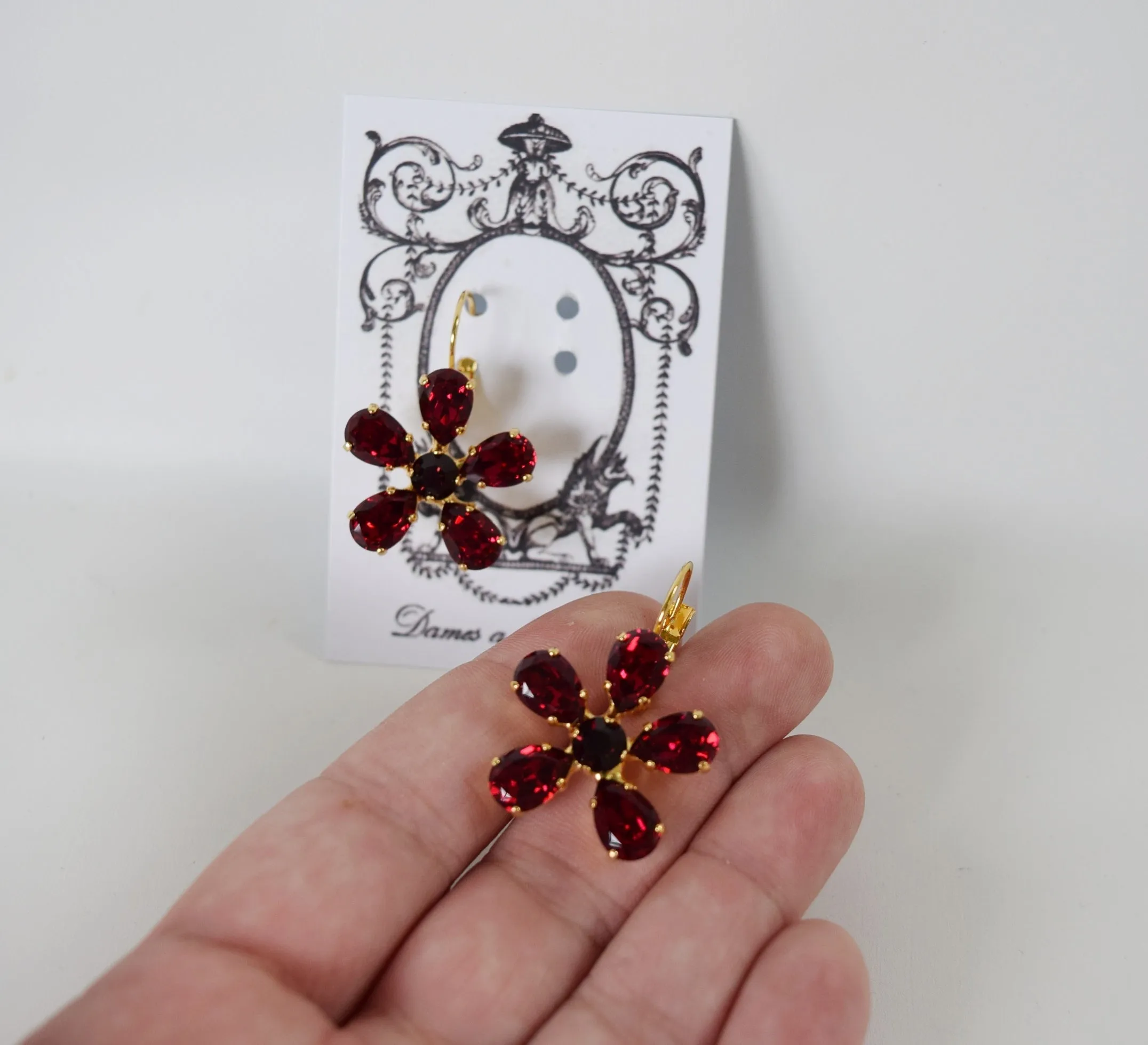 Dark Pink Georgian Floral Earrings - Swarovski Crystal